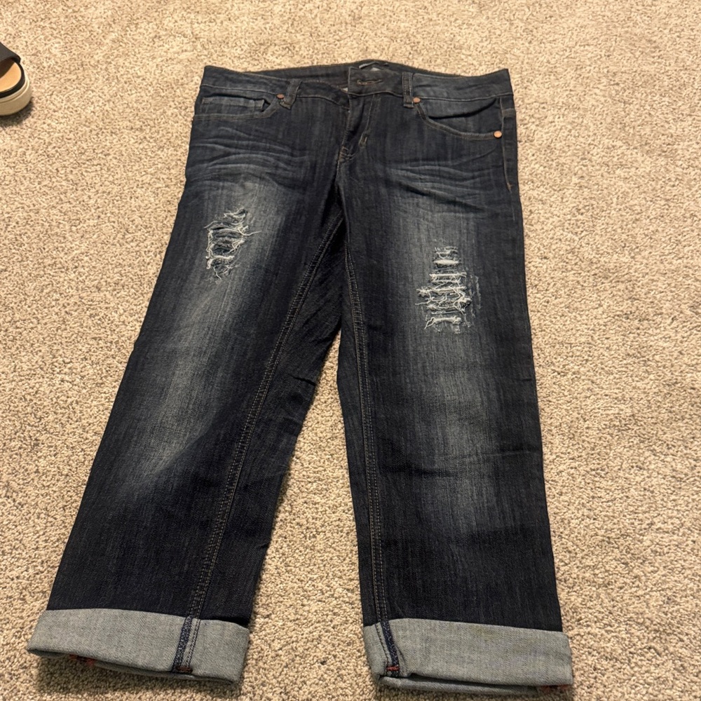 Mind Code Washed Dark Blue Distressed Boyfriend Jeans